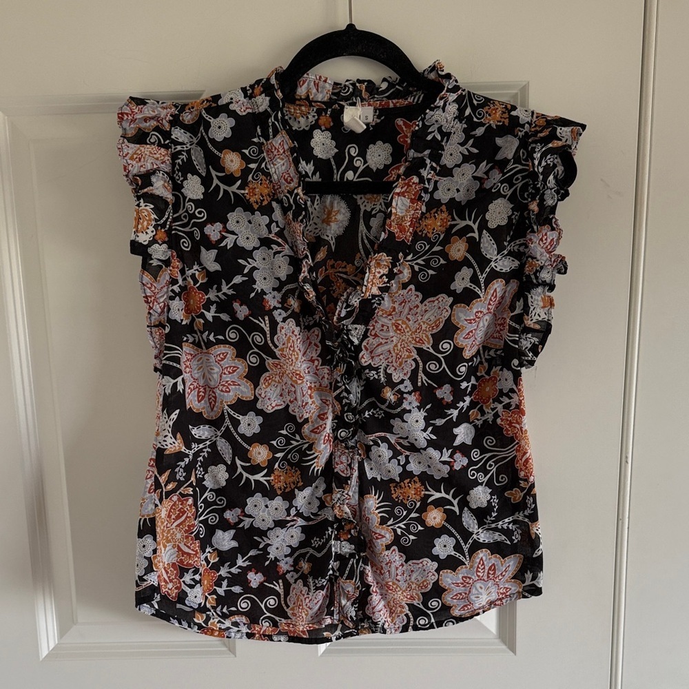 Elan Size Small Floral Ruffle Sleeve Women's Top - Black and Orange